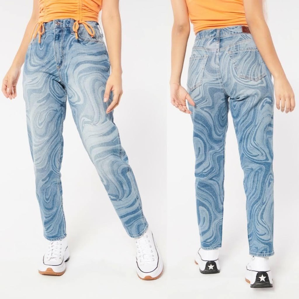 Hollister Curvy High-Rise Mom Jean Blue Marble Swirl Print Sz 25S Retro Abstract